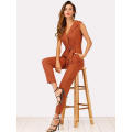 Caqui Zip Zip chal cuello Nudo Jumpsuits OEM / ODM Fabricación venta al por mayor Moda Mujeres Ropa (TA7018J)